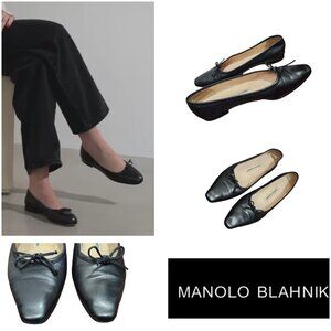 Manolo Blahnik black leather calfskin ballet flats with bows Size EU 38.5